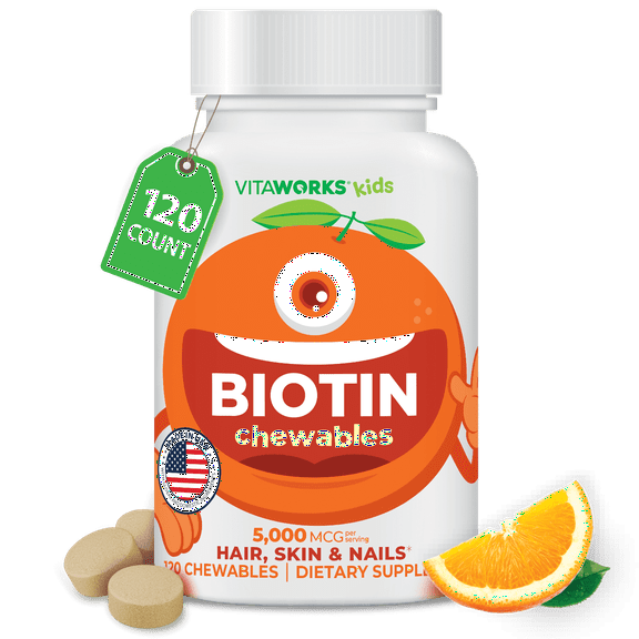 VitaWorks Kids Biotin 5000mcg Chewable Tablets, Dietary Supplement, 120 Chewables