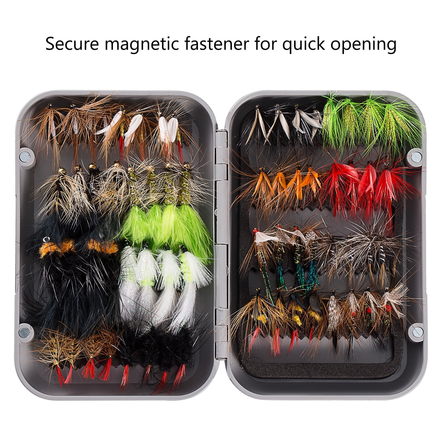 Bassdash Fly Fishing Assorted Flies Kit, Pack of 64 pcs Fly Lure including Dry Flies, Wet Flies, Nymphs, Streamers, Terrestrials, Leeches and More, with Magnetic Fly Box