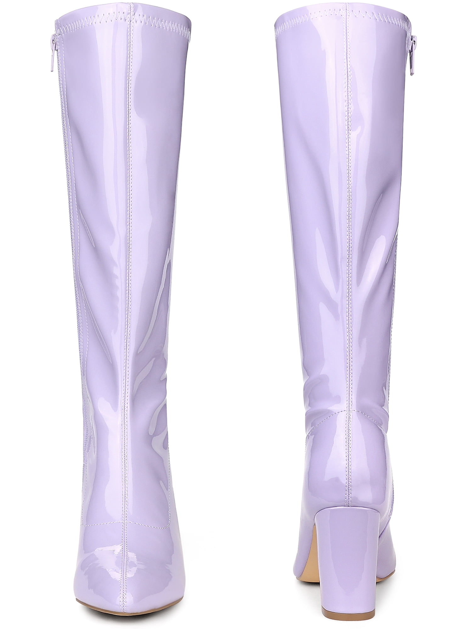 DARING DIVA Women's Go Go Boot Patent Leather Chunky Heels Knee High Boots Purple 6