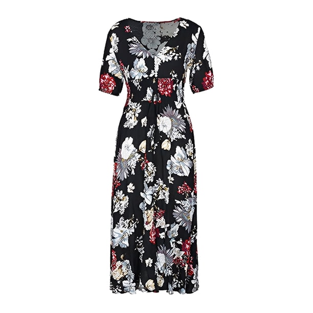 Minnieouse Vestido largo de verano Traje de playa Algodón Cuello en V Mano de obra fina Patrón de flores de manga corta Exquisito elegante Vestidos Negro/XL Minnieouse AP018342-04