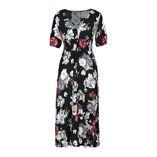Sonducket Vestido largo de verano Traje de playa Algodón Cuello en V Mano de obra fina Patrón de flores de manga corta Exquisito elegante Vestidos Negro/M Sonducket AP018342-02