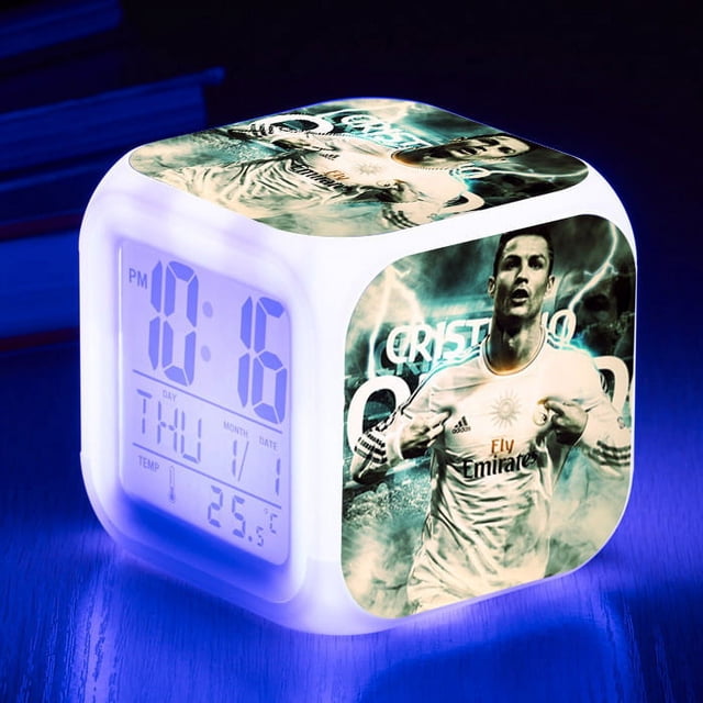 World Cup Football League Cristiano Ronaldo Star Alarm Clock LED Digital Seven-Color Square Alarm Clock Creative Small Alarm Clock