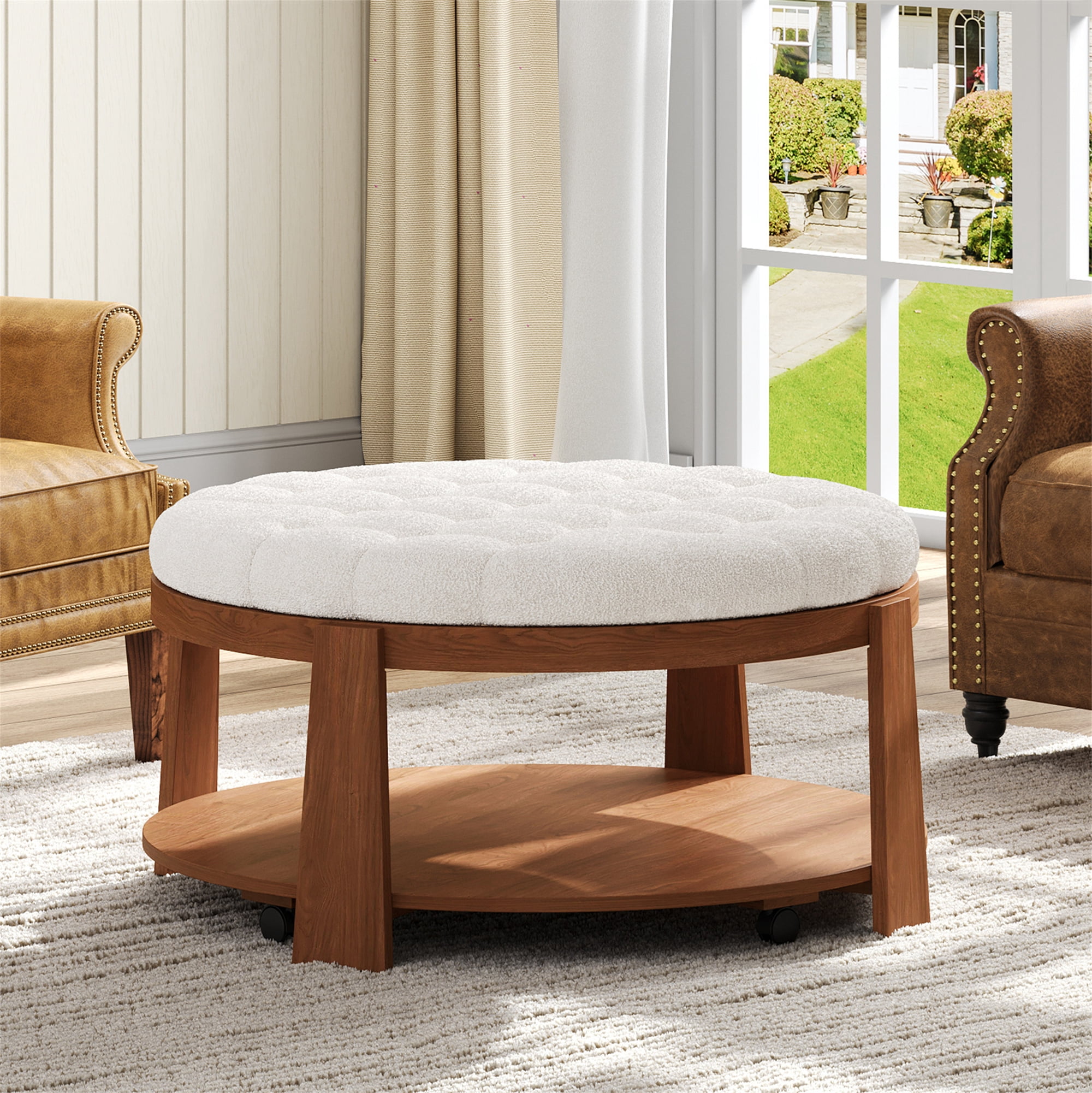 Euroco Large Round Ottoman Coffee Table 2-Tier Oversized Button Tufted Ottoman with Wood Shelf Storage Upholstered Coffee Table for Living Room Footrest Ottoman with wheel