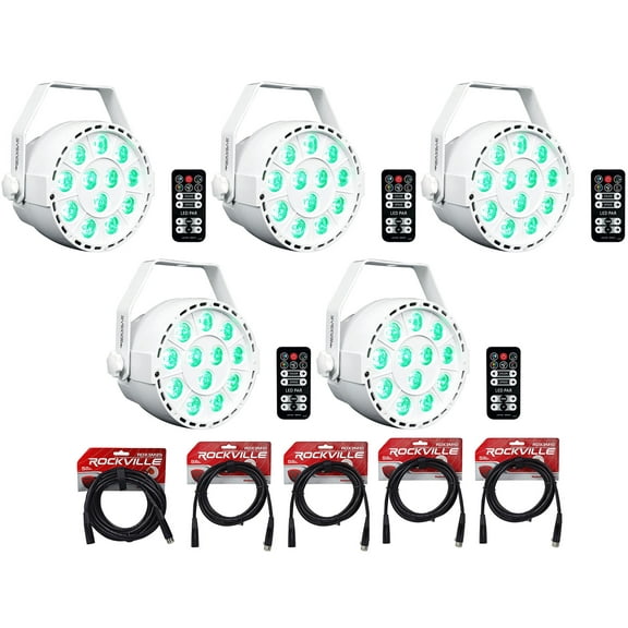 5 Rockville RockPAR TRI LED RGB Par Cans DJ White DMX Wash Lights Remotes Cables