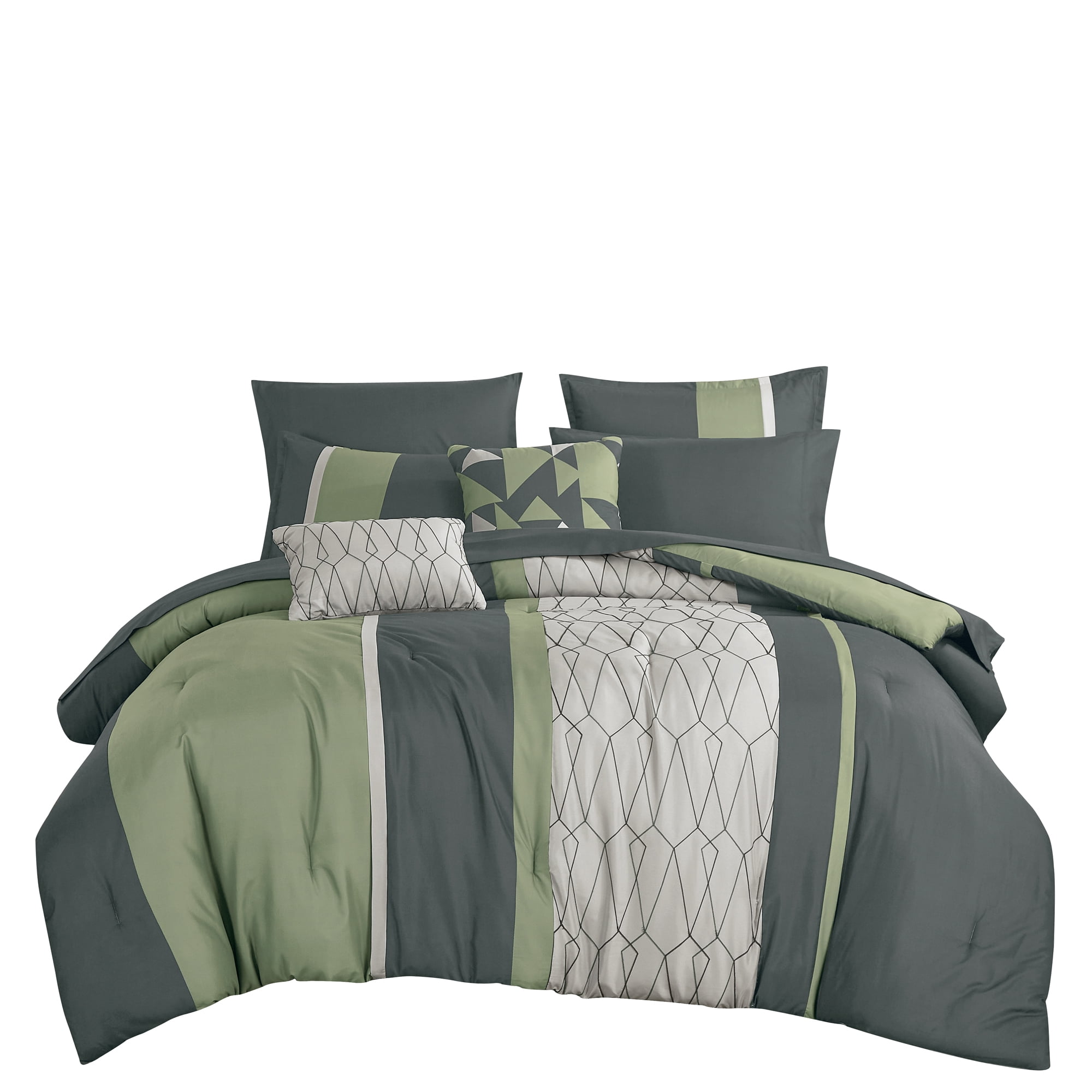 9-Piece Green & Gray Geometric Embroidery Comforter Set, Luxury Bedding with Sheets and Decor Pillows, King