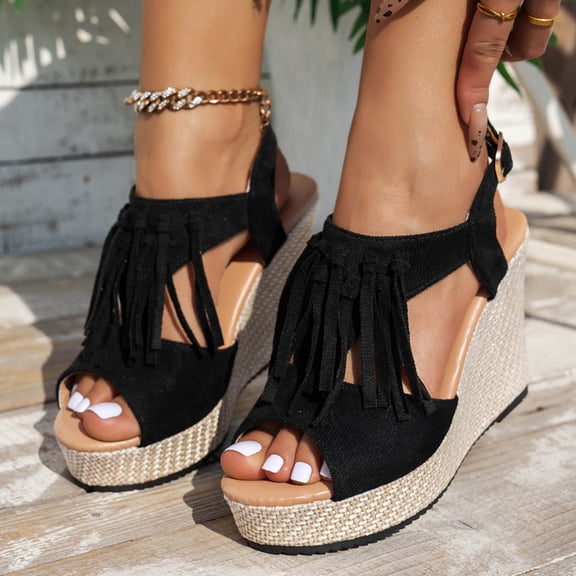 Viluyesy Womens Platform Sandals, Ankle Strap Fashion Tassel Peep Toe Thick Sole Wedge Dressy Shoes Black US5.5