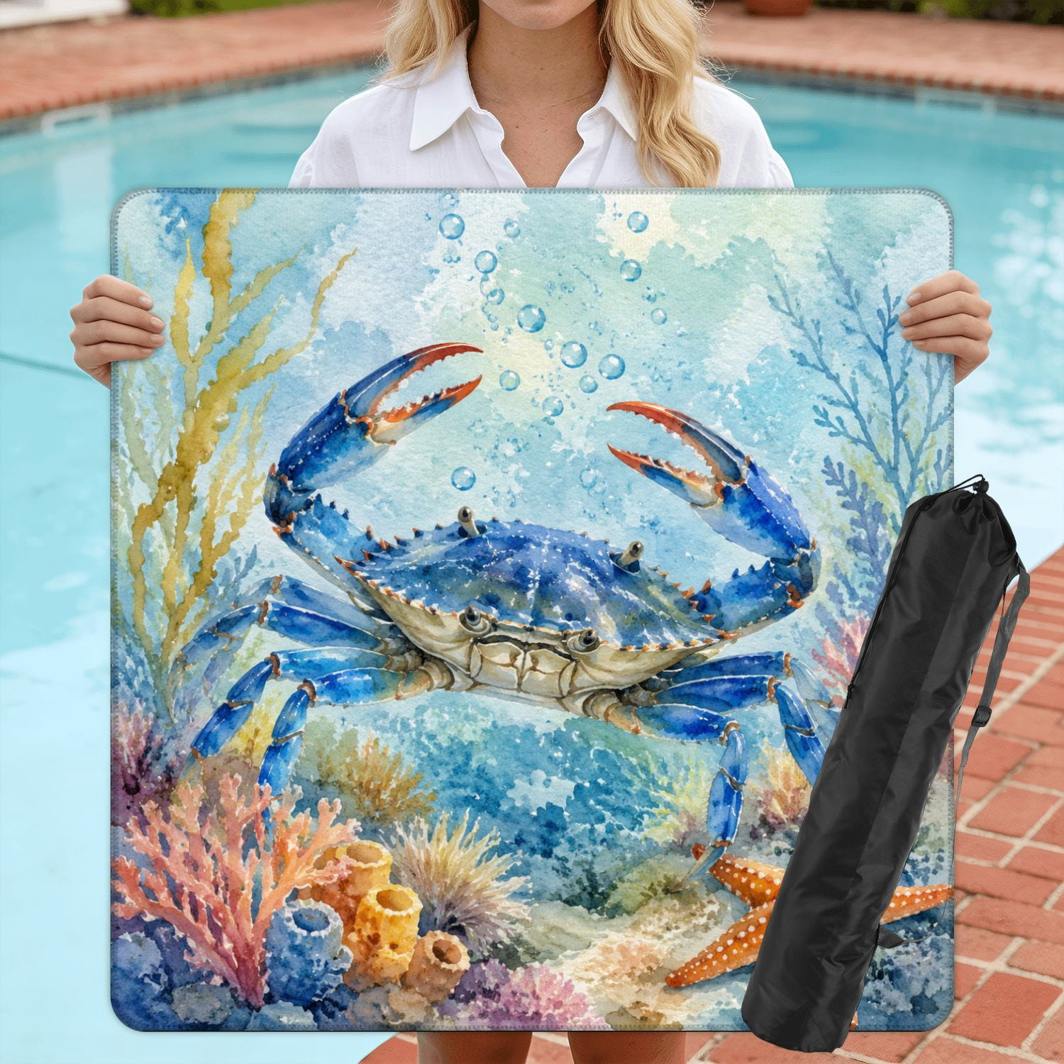 Mahjong Mat 31.5" x 31.5" Watercolor Blue Crab Vibrant Coral Starfish Fish Non-Slip Noise Reduction American Mahjong Tiles Table Cover for Dominoes Poker Card Board Games Gift