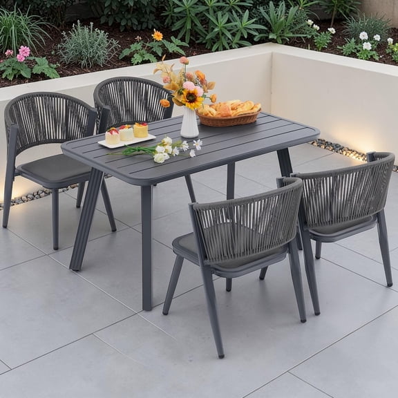 5-Piece Outdoor Dining Set, 51.2" Rectangular Aluminum Table & 4 Hand-Woven Wicker Chairs with 3-Layer Breathable Cushions, Rustproof All-Weather Patio Furniture for Garden & Deck