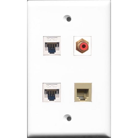 RiteAV 1 Port RCA Red and 1 Port Phone RJ11 RJ12 Beige 2 Port Cat5e Ethernet White Wall Plate
