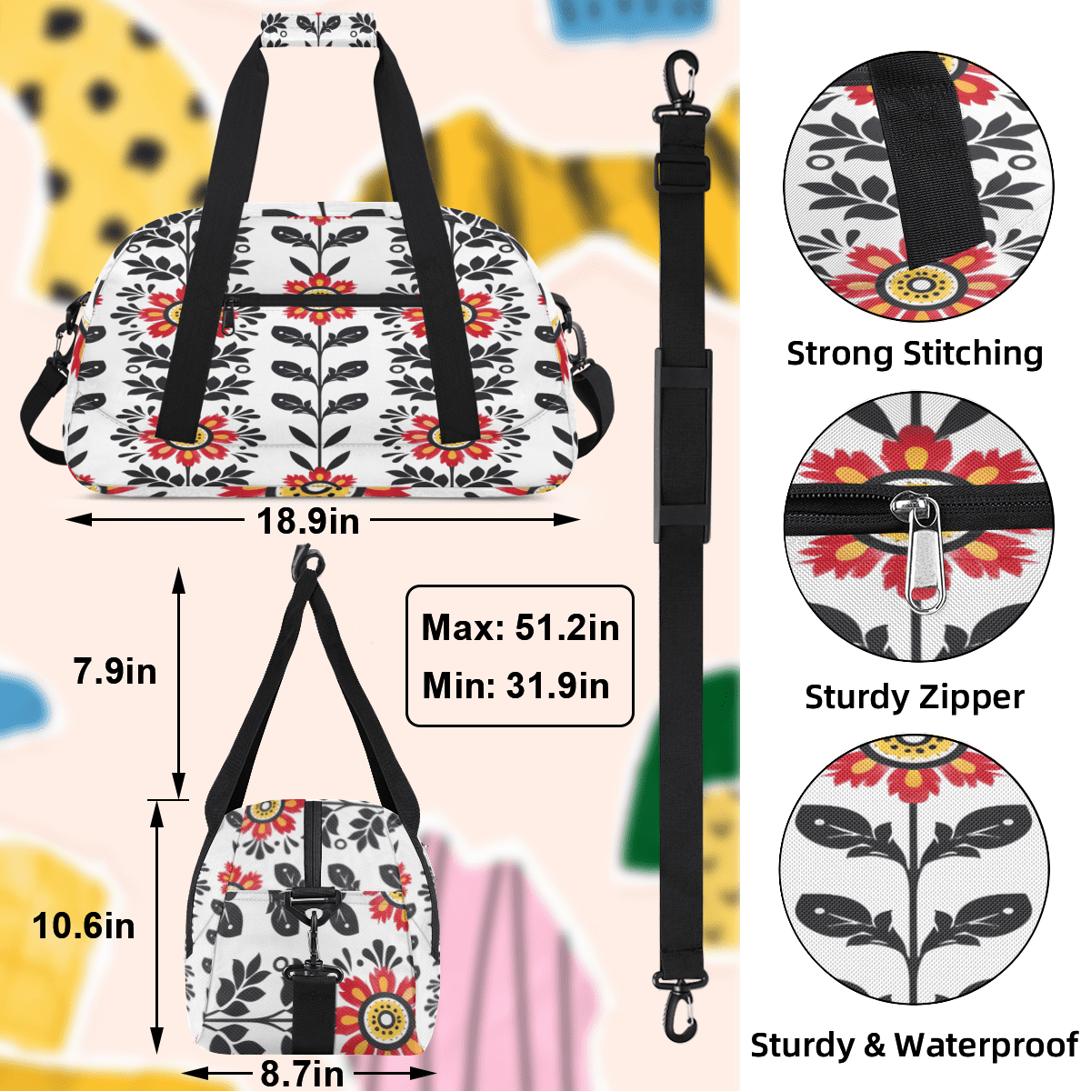 Herdesigns Flower Sports Duffle Bag for Women & Men, Vintage Retro Floral Plant Gym Bag Dance Bag Overnight Bag Carry On Weekender Travel Bag