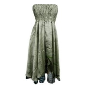 Mogul Womens Maxi Skirt Vintage Silk Sari Green Two Layered Evening Beach Dress