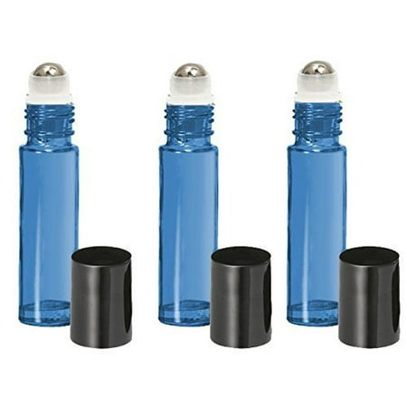Flower Perfume Bottle - Grand Parfums Light Blue 10ml Glass Roll on Bottles with Stainless Steel Rollers Set of 6, Essential Oil, Perfume Bottles (Black Caps)
