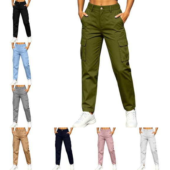 Levmjia Women Cargo Pants High Waisted Straight Leg Multi Pockets Utility Trousers Loose Fit Elastic Waistband Casual Long Pants for Outdoor Hiking Daily Wear