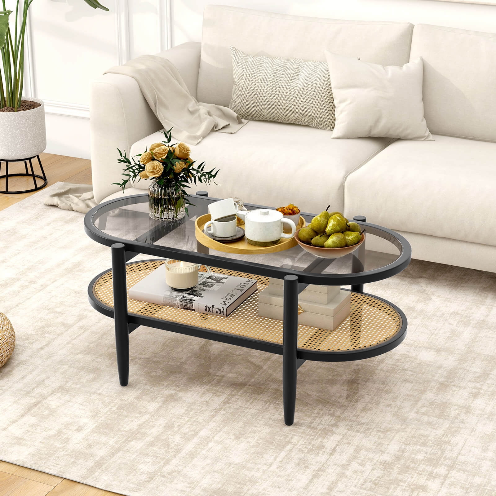 Costway 2-Tier Coffee Table Tempered Glass Top with PE Rattan Shelf & Acacia Wood Frame Black