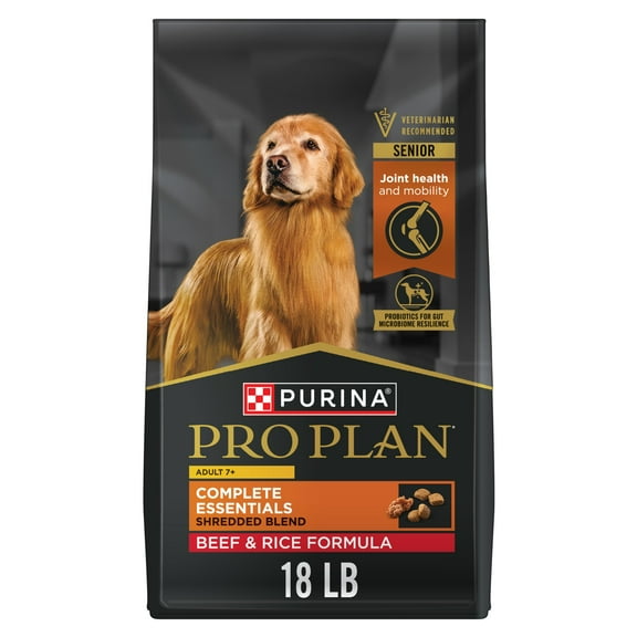 Purina Pro Plan Adult 7 Plus Complete Essentials Shredded Blend Beef and Rice Formula High Protein Dog Food for Senior Dogs, 18 lb Bag