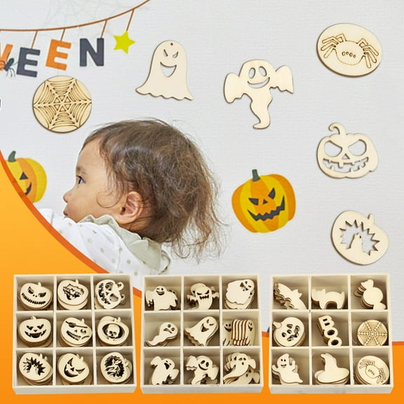 72Pcs Wooden Halloween Cutouts Ghost Shapes Wooden Slices Hanging Ornaments Embellishments Set
