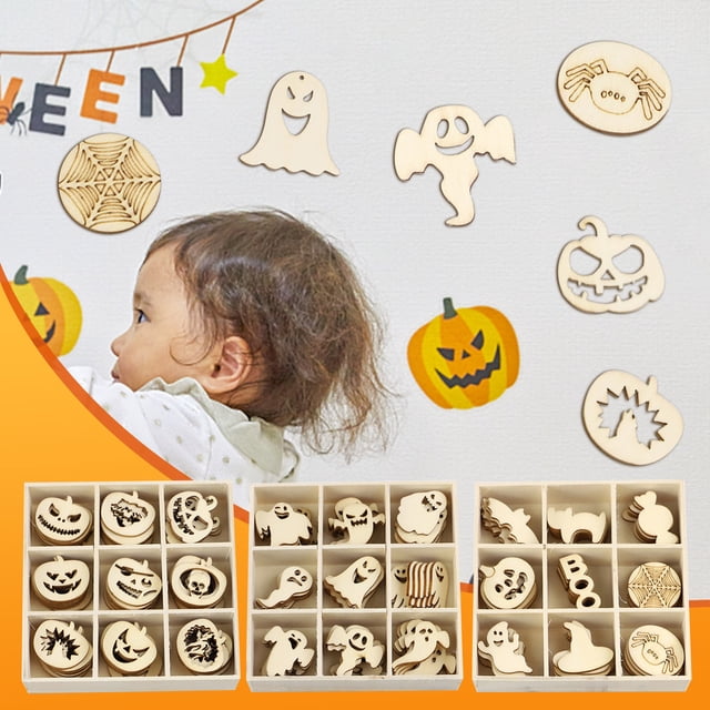 Xihbxyly Decoraciones de Madera para Halloween, Diseños Festivos de Calabazas, Fantasmas y Brujas, Manualidades, Decoración para Fiestas de Halloween, Muebles Colgantes para El Hogar, Juego de 72 Pie
