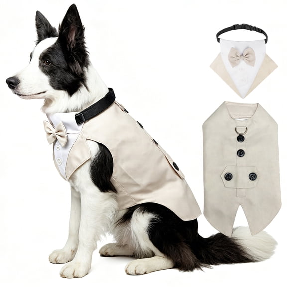 StlyGar Dog Tuxedo Harness Vest, Beige Pet Wedding Suit with Beige Bow Tie, Formal Puppy Costume for Party Holiday Outdoor(XL)