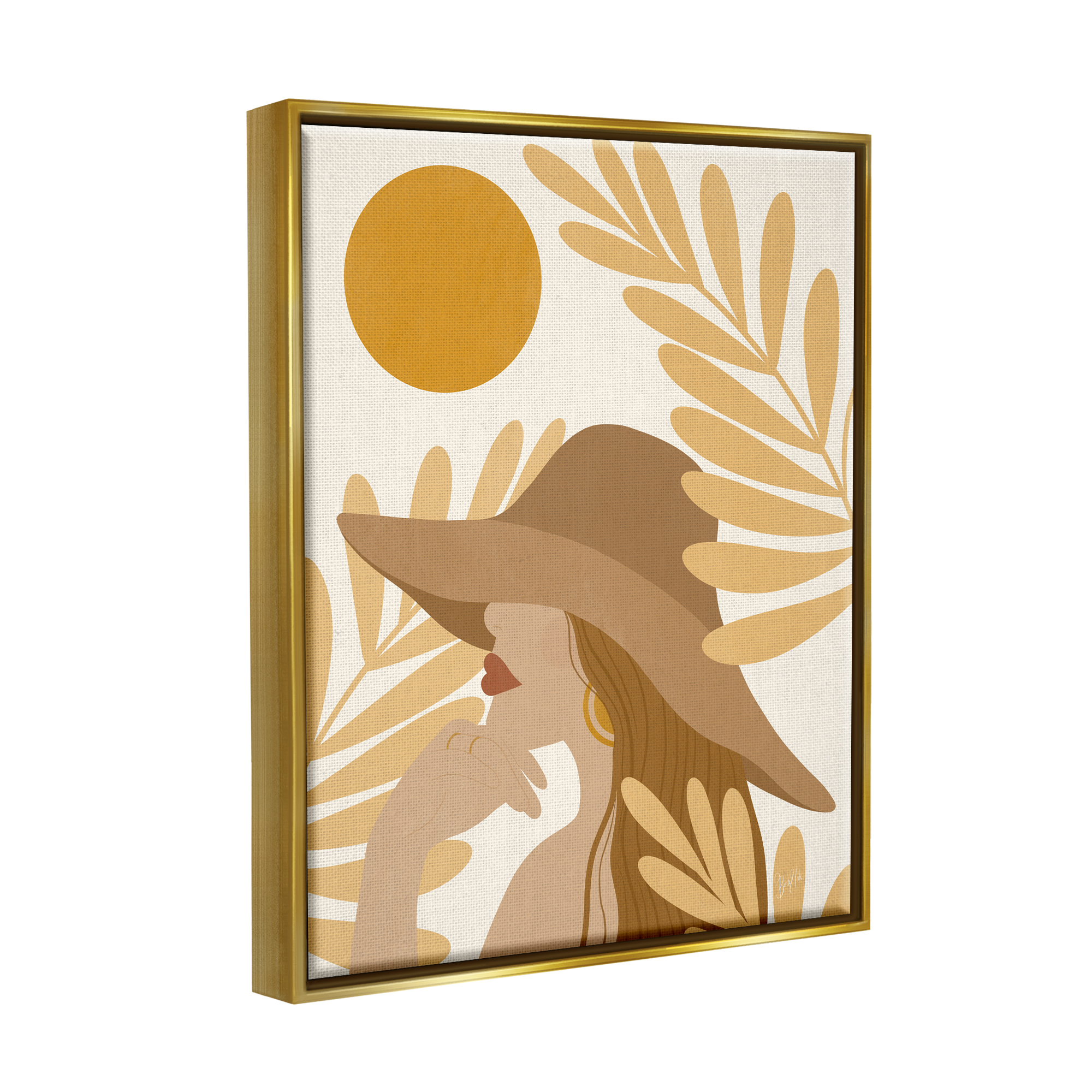 Stupell Industries Woman in Hat Warm Yellow Cutout Leaf Shapes Graphic Art Metallic Gold Floating Framed Canvas Print Wall Art, Design by Birch&Ink