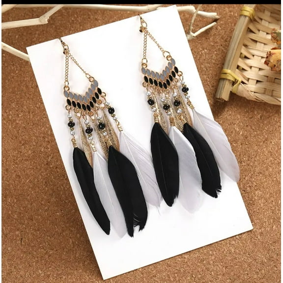 Clip on 5 1/4" Xlong gold beaded feather earrings in a variety of colors