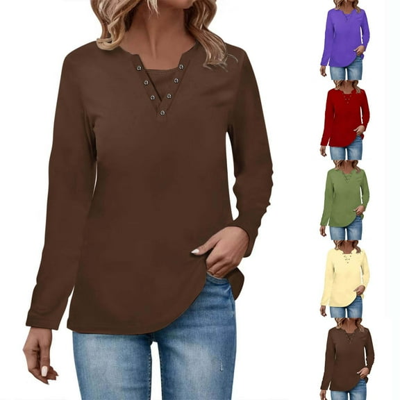 Scyoekwg Long Sleeve Shirts for Women Classic Solid Color Ring Hole V Neck Basic Tops Casual Slim Comfy Lightweight Blouses (Coffee,L)