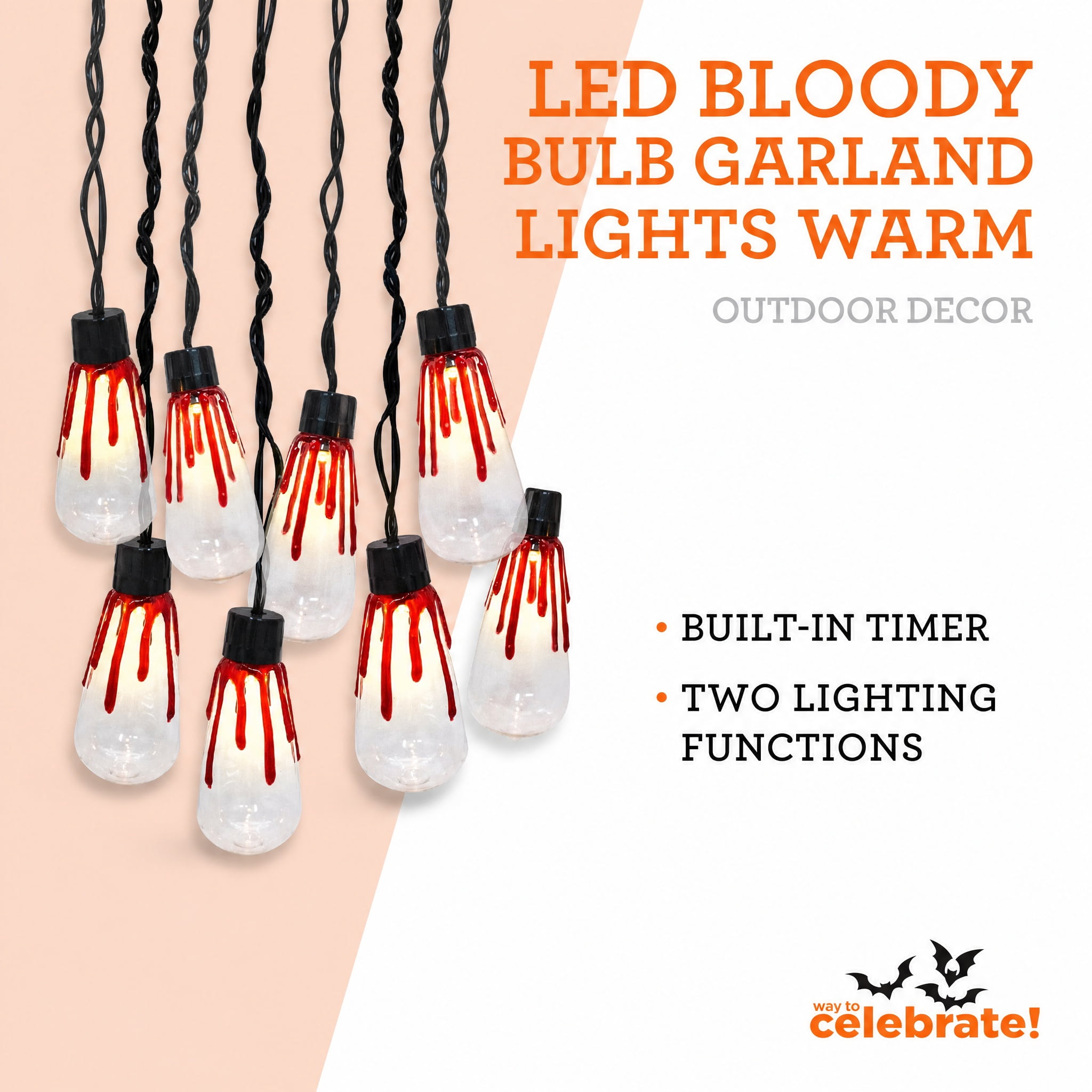 Indoor Battery-Operated LED Bloody Bulb Garland Lights, Warm White, 4.5', Halloween by Way To Celebrate