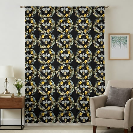 Bees Floral Wreath Sheer Curtains 96 Inches Long Summer Farmhouse Flowers Black Light Filering Curtains Privacy Drapes Simi Floor to Veiling Curtain for Living Room Bedroom Large Window Treatment