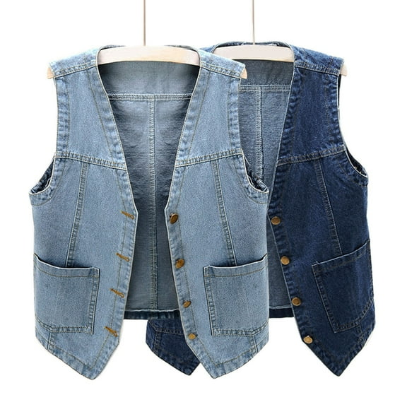 TrendOFT Women's Plus Size Sleeveless Button Down Jean Vest V Neck Denim Jacket Blue S