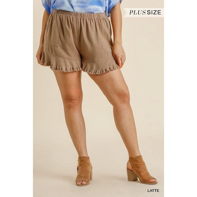 Linen Blend Elastic Waist Ruffle Hem Shorts With Pockets