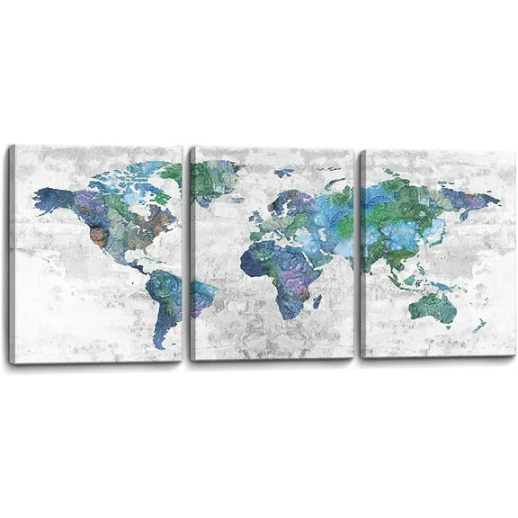 Wall Art for Living Room World Map Prints Pictures Framed Canvas Artwork Wall Decor for Bedroom Office Kitchen Modern Home Decorations Size 12x16 inch x 3 Panel Ready to Hang World Map Decorations