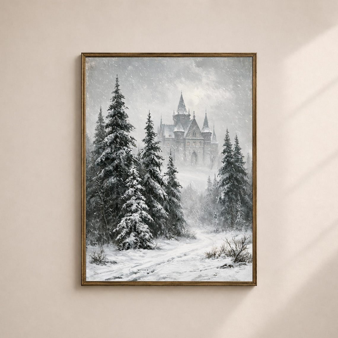 Snowy Castle Wall Art Print Winter Pine Forest Landscape Vintage Christmas Living Room And Gallery Wall Decor