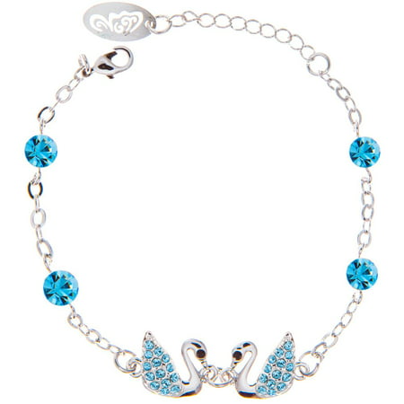 Rhodium Plated Bracelet with Loving Swans Design with Lobster Clasp and High Quality Ocean Blue Crystals by Matashi