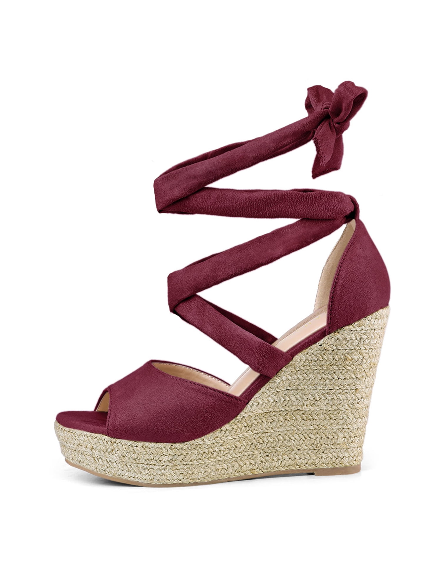 DARING DIVA Women's Lace Up Espadrilles Platform Wedges Sandals Burgundy 7.5