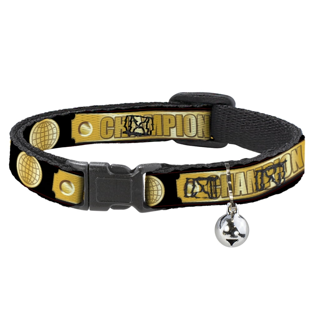 Buckle-Down Breakaway Cat Collar With Bell, Plastic Clip, Easy Adjustable, Champion Belt Icons Black Golds, 8.5 to 12 Inches 0.5 Inch Wide
