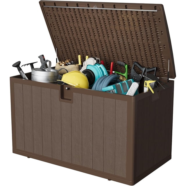 YUSAZENS Boîte de Rangement Extérieure de 130 Gallons, Résine Plastique, Résistante aux Intempéries, Contenant Organisateur d'Outils de Patio Brun