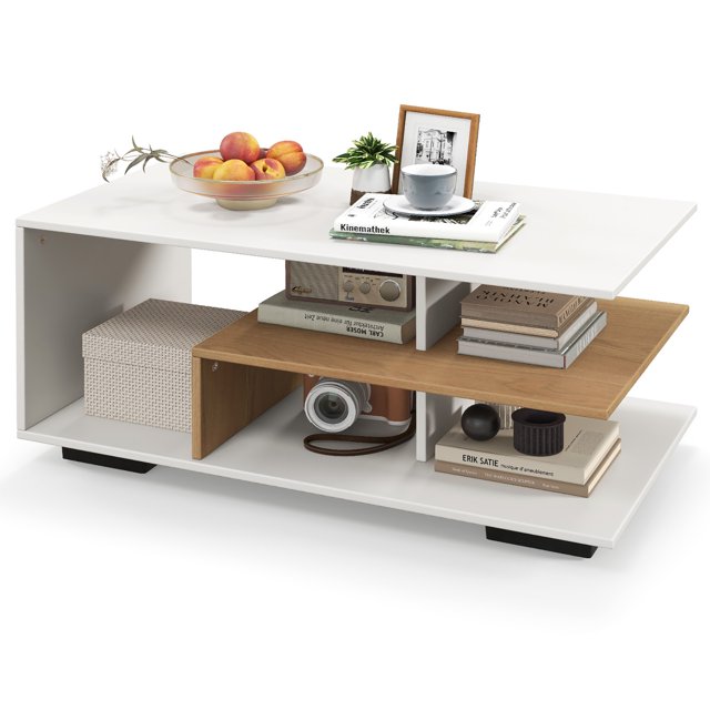 Gymax Table Basse Géométrique avec Étagères de Rangement Table à Thé Rectangulaire à 3 Niveaux Blanc Naturel