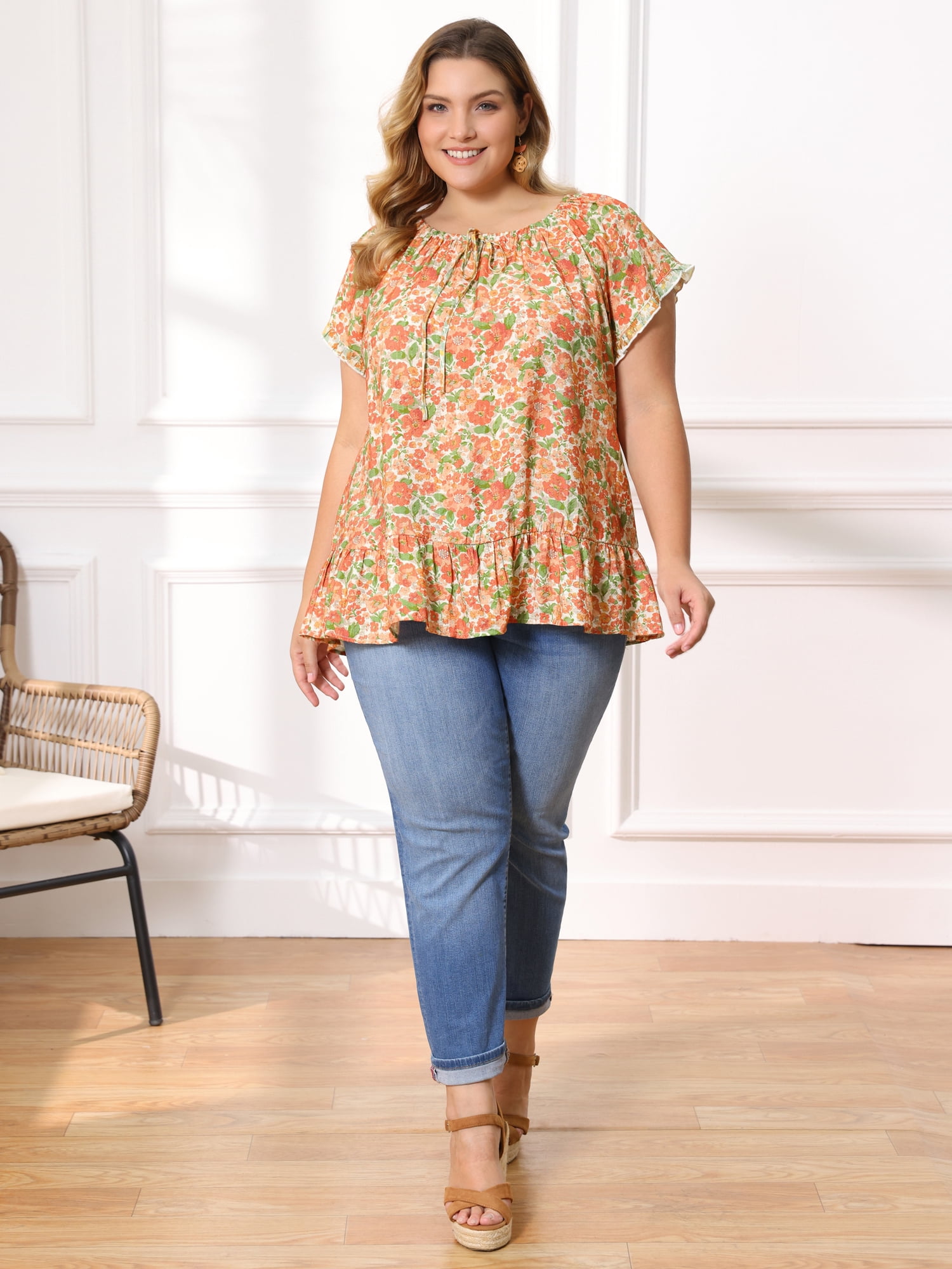 DARING DIVA Women's Plus Floral Ruffle Sleeve Tie Neck Blouses Top 1X Orange