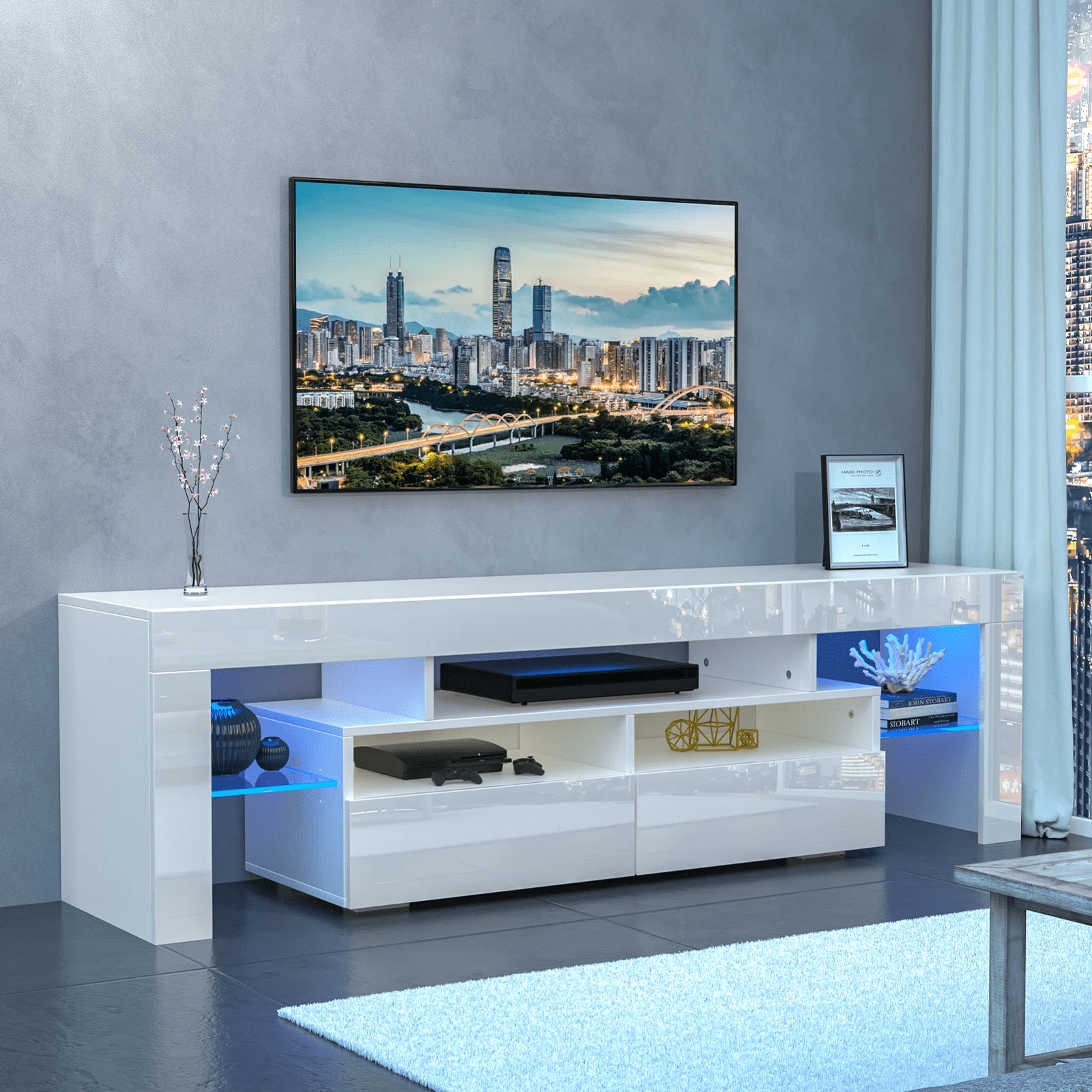 PWFE LED Light TV Stand for 50/55/60 inch TV, Modern Gloss