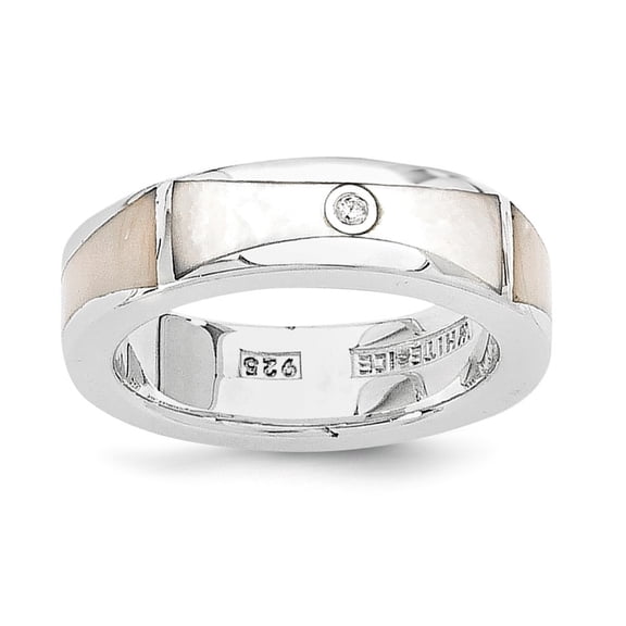 925 Sterling Silver Polished White Ice .01ct Diamond and Simulated Mother of Pearl Ring Size 6 - Ring for Women