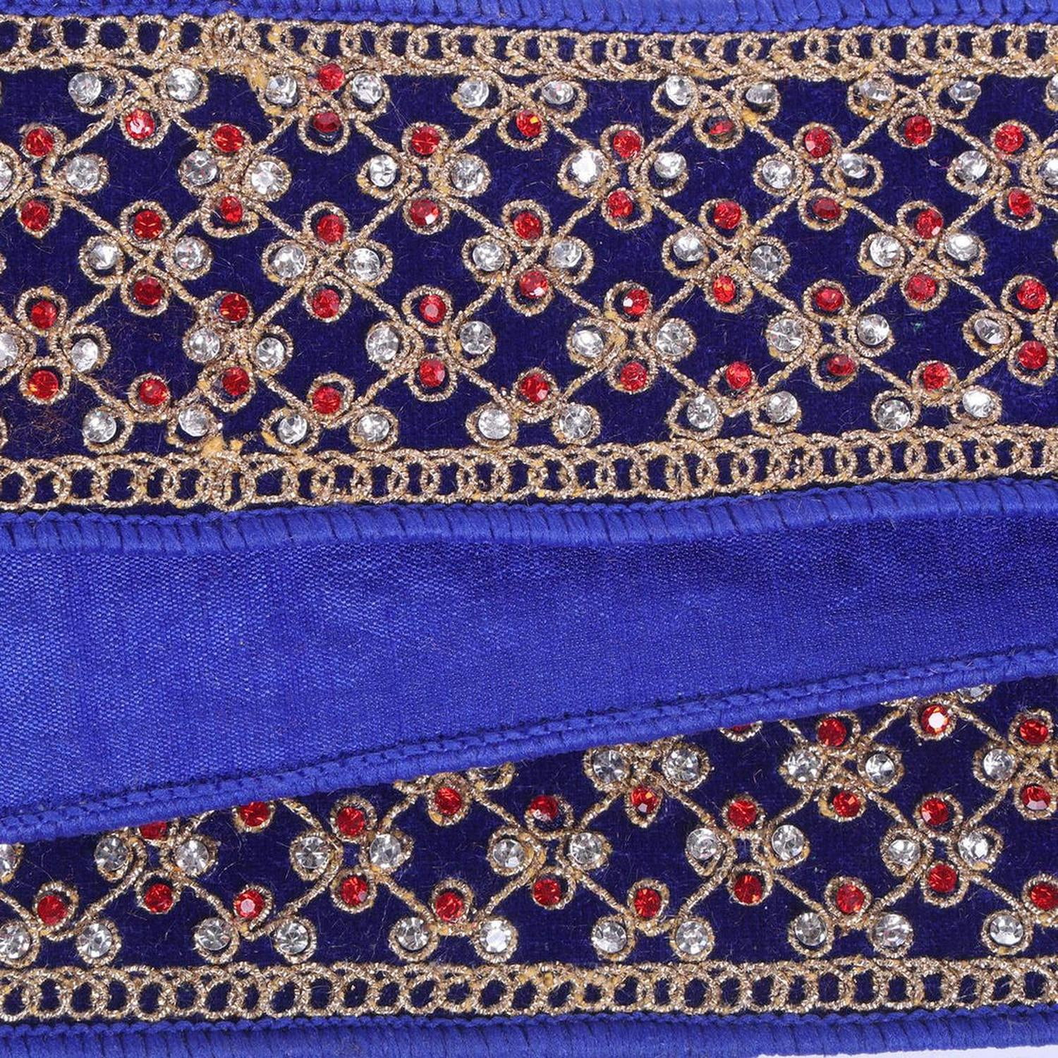 2.5" Blue Velvet Gold Trim Red Jewel Ribbon (5 Yards)
