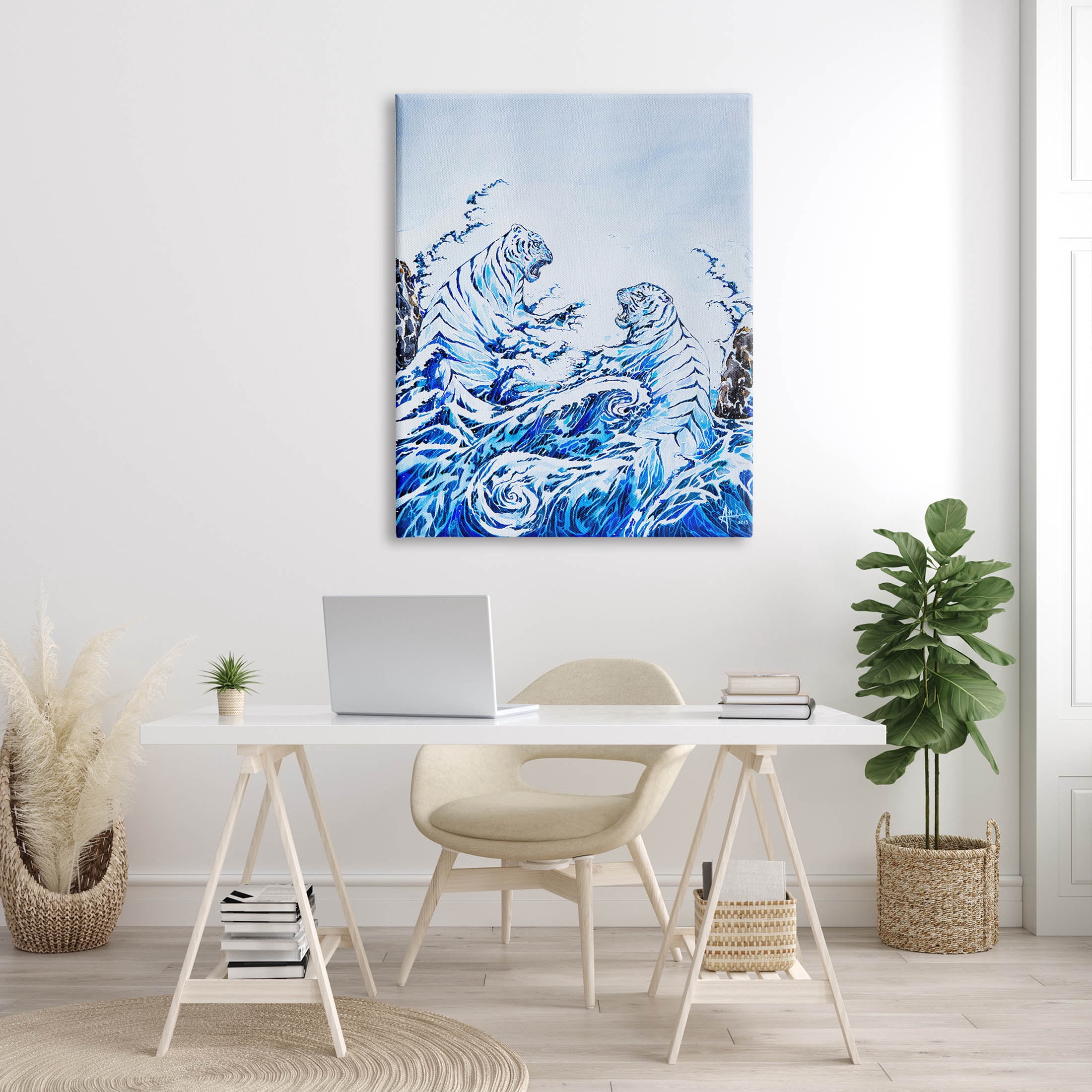 Dueling Tigers Ocean Waves Animals & Insects Painting Gallery Wrapped Canvas Print Wall Art