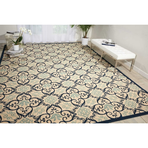 Nourison Caribbean Indoor/Outdoor Ivory/Navy 9'3" x 12'9" Area Rug