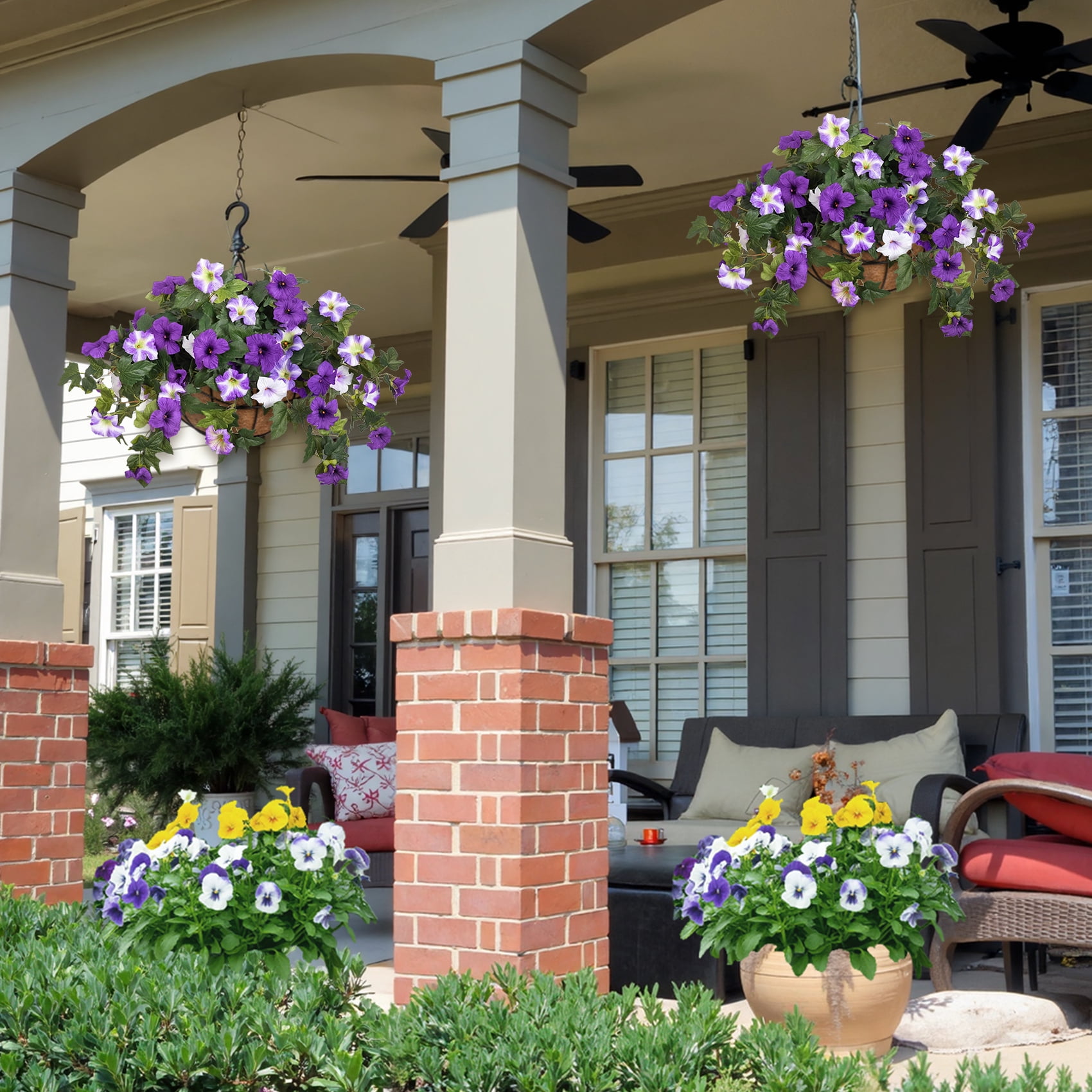 Scidweet Artificial Flowers for Outdoors, 2Pcs UV Resistant Faux Fake Petunias Silk Flower Plants for Home Garden Front Porch Indoor Decor, Purple White