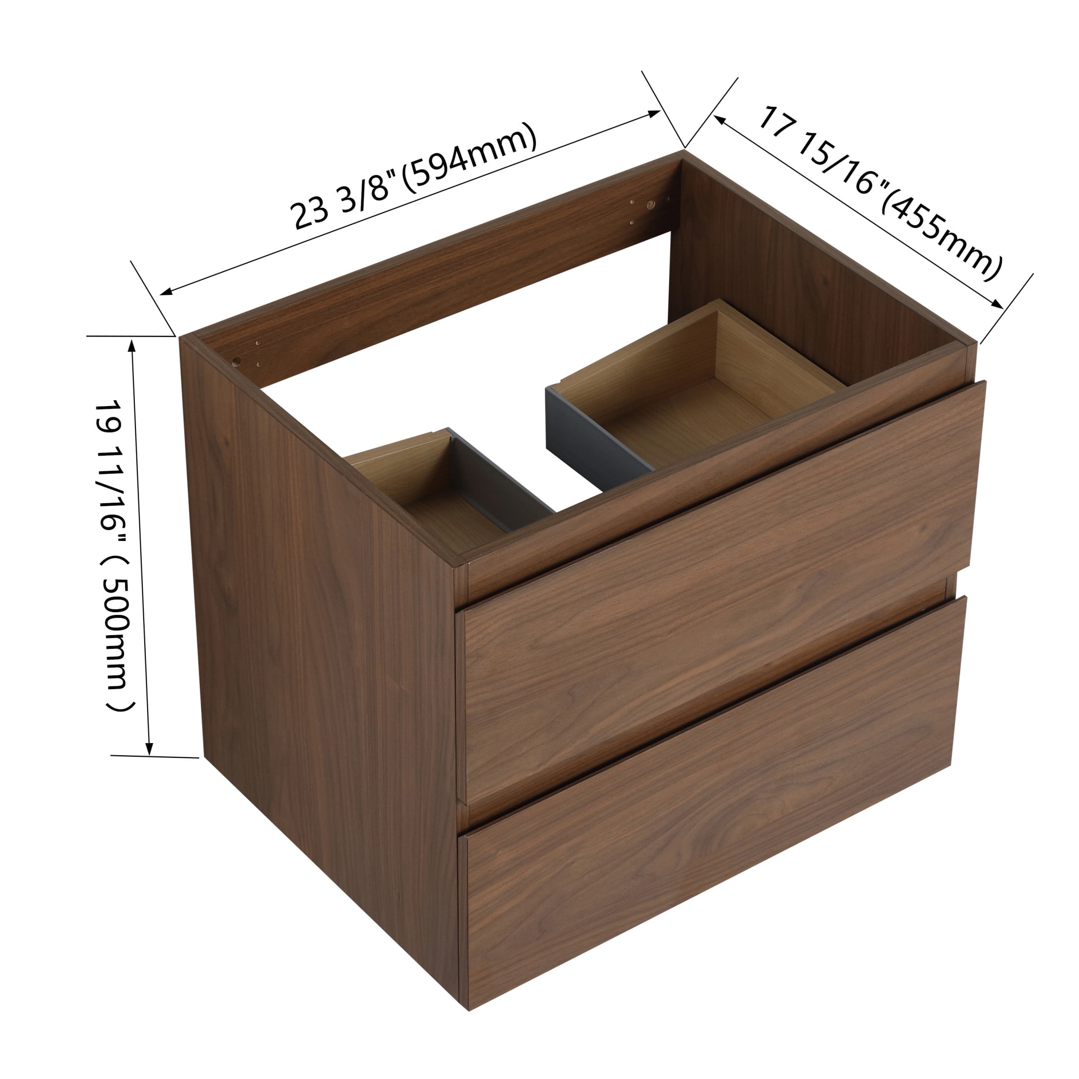 Noble House 24" Wall-Mounted Bathroom Vanity, Resin Sink, 2 Soft-Close Drawers, Wood Grain Finish, Brown Oak
