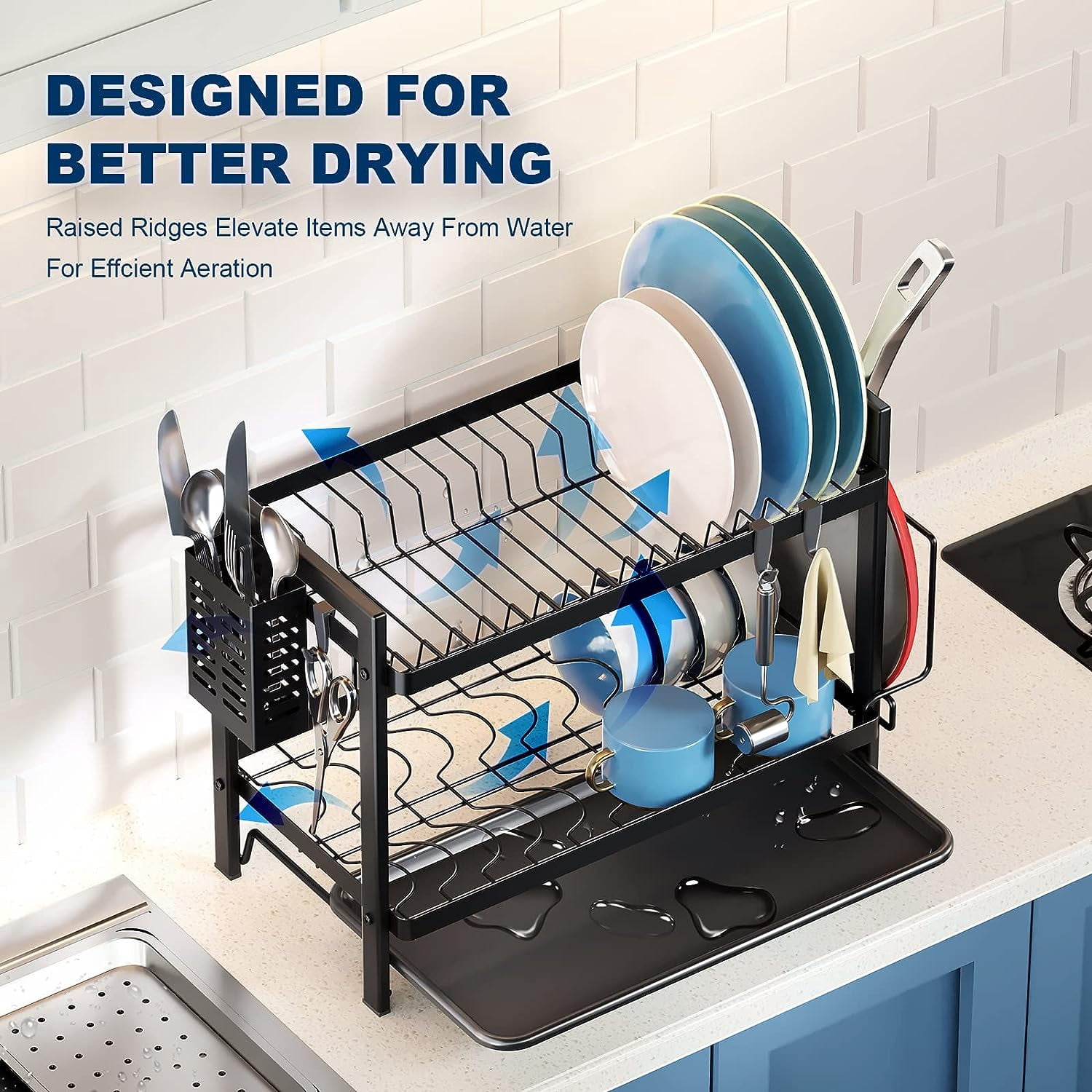 2 Tier Dish Drying Rack with Drain Board Set,Dish Drainer Rack for Kitchen Countertop,Dish Racks for Kitchen Counter, Kitchen Dish Drying Rack,Dish drainers for Kitchen Counter