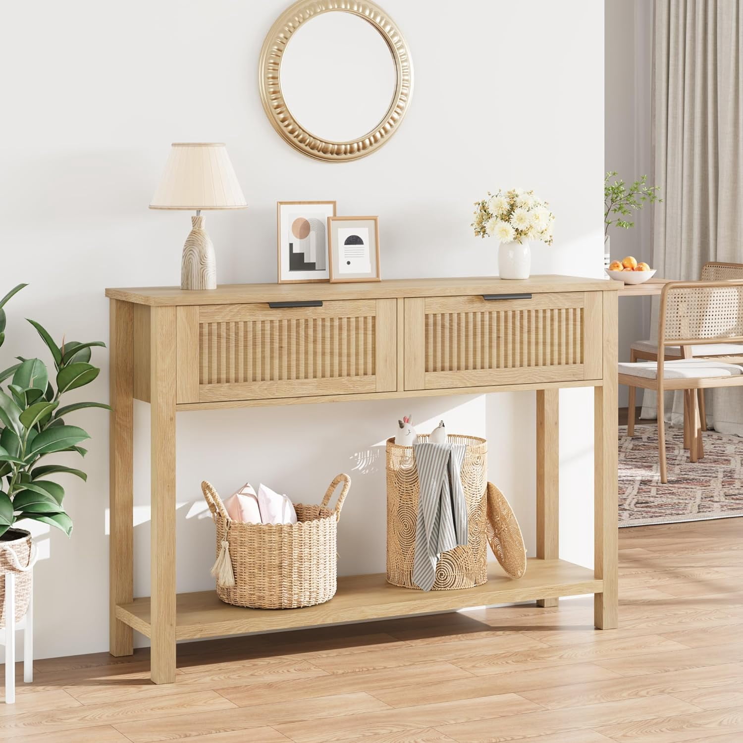 Farmhouse Entryway Table,43 Inch Wood Console Table with 2 Drawers,2 Tier Sofa Table with Storage for Living Room, Foyer Tables for Entryway-Burlywood