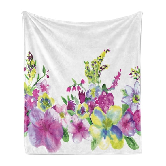 Watercolor Flower Soft Flannel Fleece Throw Blanket, Hybrid Garden Floret Composition Heathers and Stocks Abstract Art, Cozy Plush for Indoor and Outdoor Use, 50" x 60", Pink Green, by Ambesonne