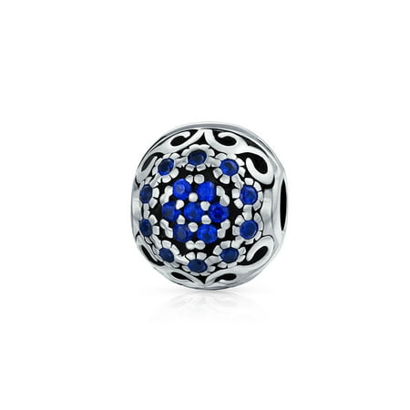 - Blue Silver Floral Swirl Crystal Spacer Bead 925 Sterling Silver Core Fits European Charm Bracelet For Women For Teens