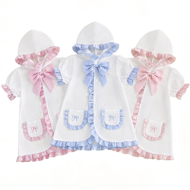 Baby Girl Hooded Swim Cover Up - Gingham Ruffle Bow Beach Robe for Pool Summer