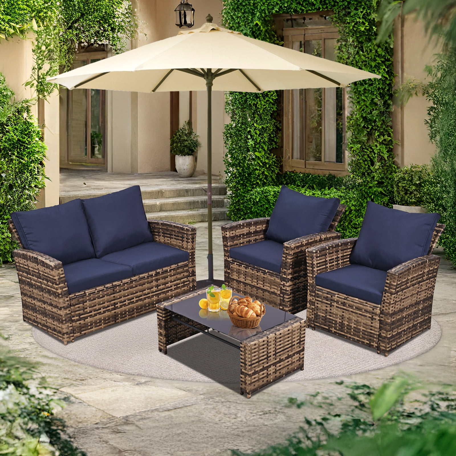 4 Piece Outdoor Patio Furniture Set,Wicker Conversation Sets Outdoor Sectional Patio Sofa Couch with Cushions & Coffee Table for Outside, Garden, Balcony, Porch,Yellow/Blue